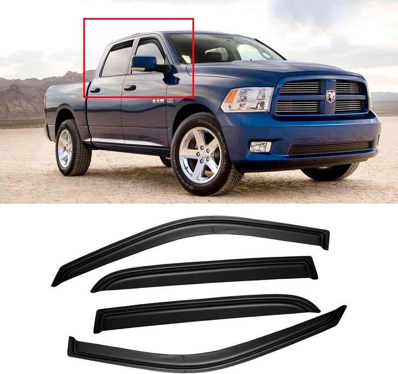 CMVT Auto Window Visor for 2009-2018 Dodge Ram 1500 Crew Cab, Out-Channel Rain Guards Shields Vent Deflector Shade Wind Dark Smoke 10-24 Ram 2500 3500 Crew & Mega Cab(4 Full Size Doors), 19-24 Ram 1500 Classic - Image 1